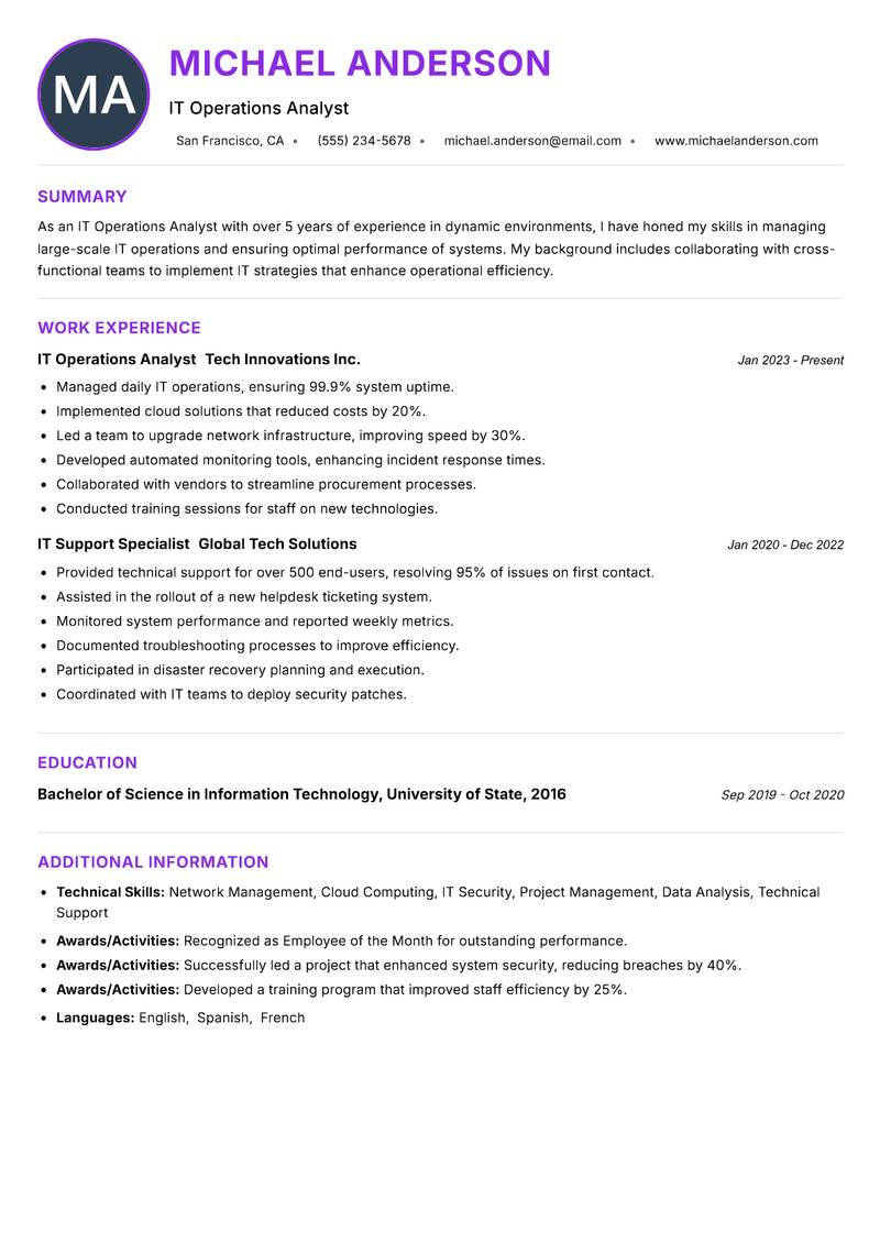 IT Operations Analyst resume example — ATS-friendly template