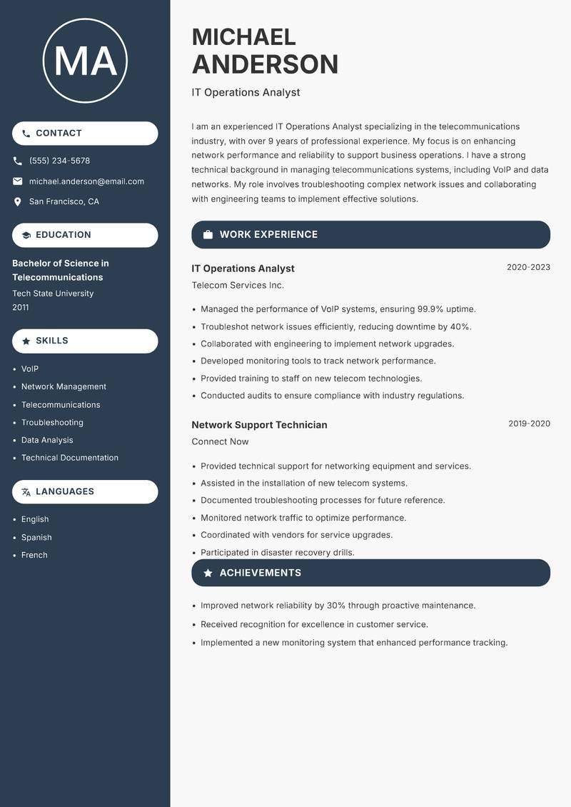 IT Operations Analyst resume template — Compact