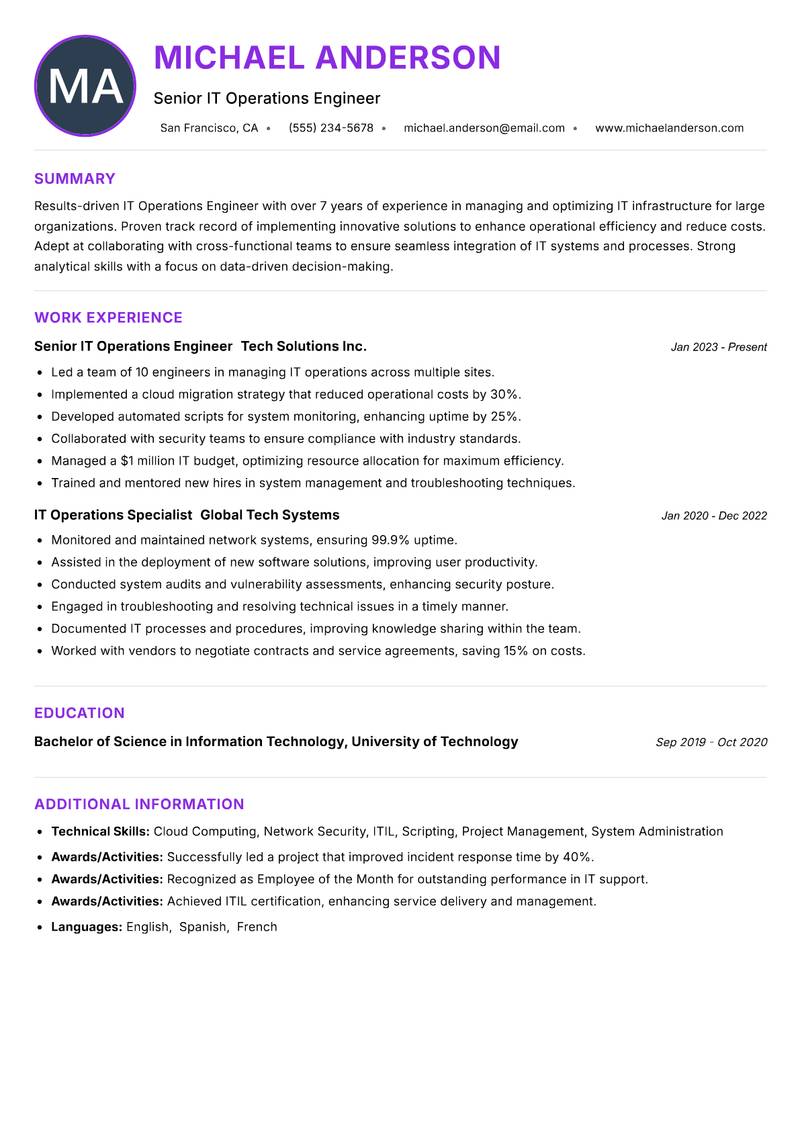 IT Operations Engineer resume example — ATS-friendly template