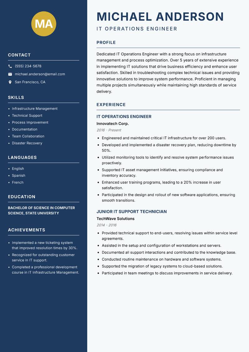 IT Operations Engineer resume template — Classic Clean
