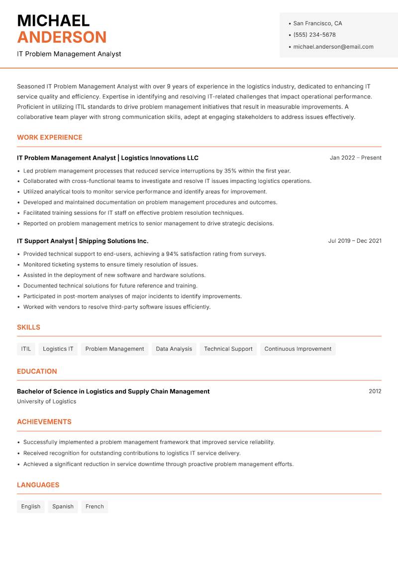 IT Problem Management Analyst resume template — Modern Professional