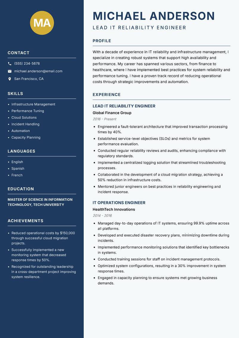IT Reliability Engineer resume template — Classic Clean