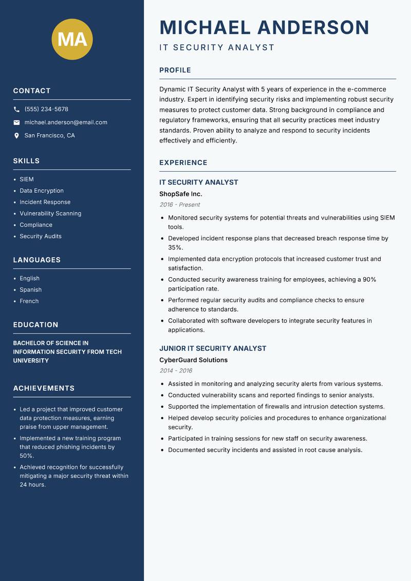 IT Security Analyst resume template — Classic Clean