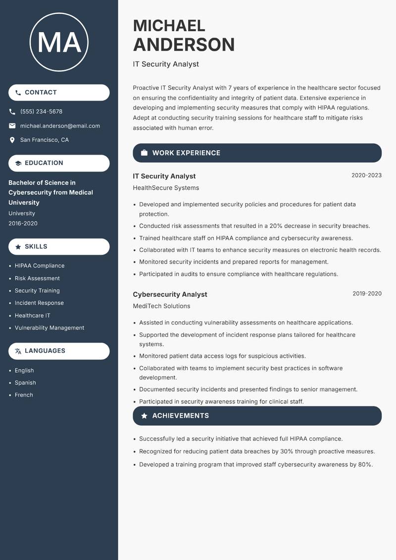 IT Security Analyst resume template — Compact