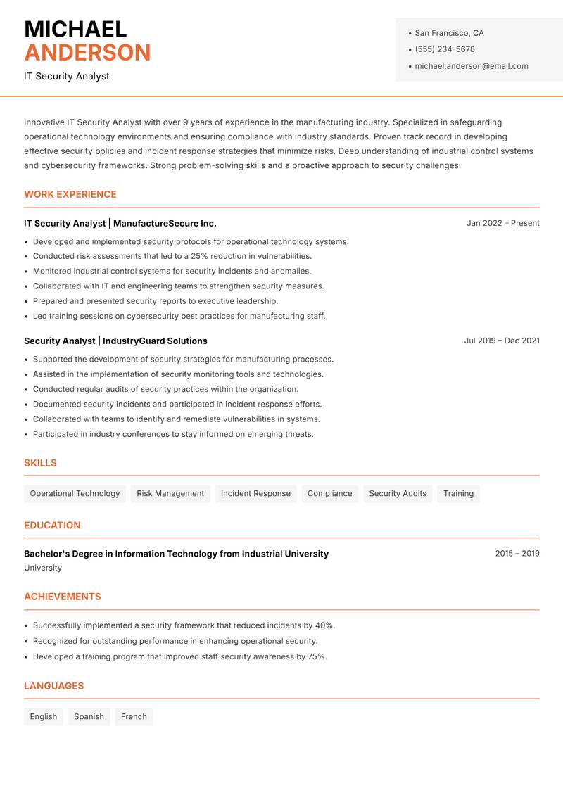 IT Security Analyst resume template — Modern Professional