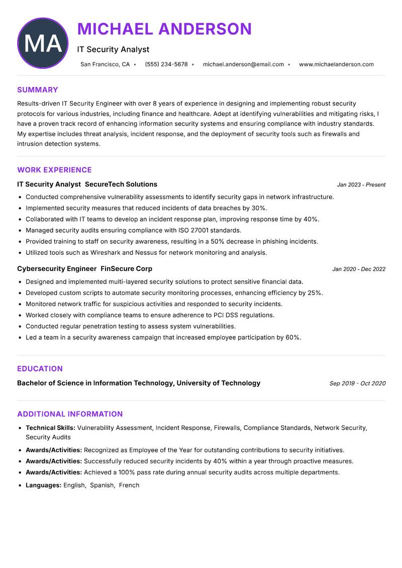 IT Security Engineer resume example — ATS-friendly template