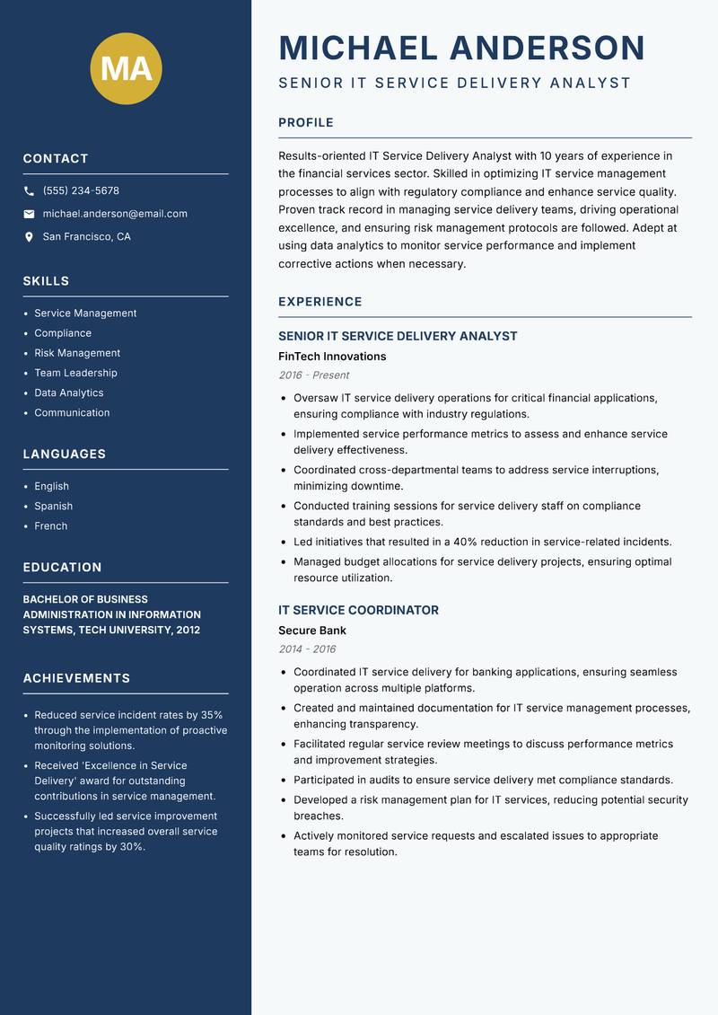 IT Service Delivery Analyst resume template — Classic Clean