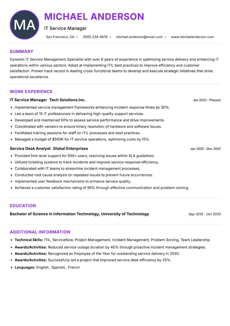 IT Service Management Specialist resume example — ATS-friendly template