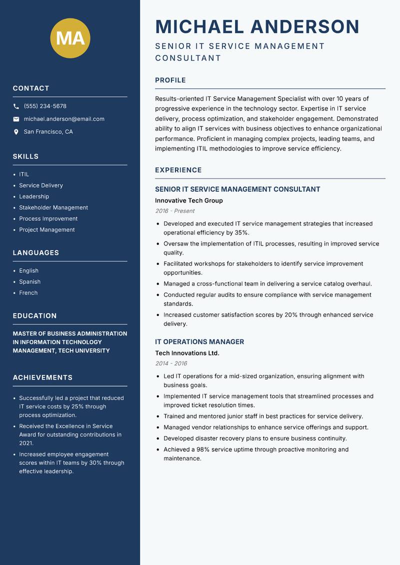 IT Service Management Specialist resume template — Classic Clean
