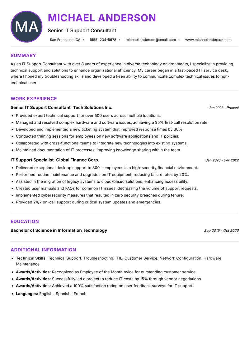 IT Support Consultant resume example — ATS-friendly template