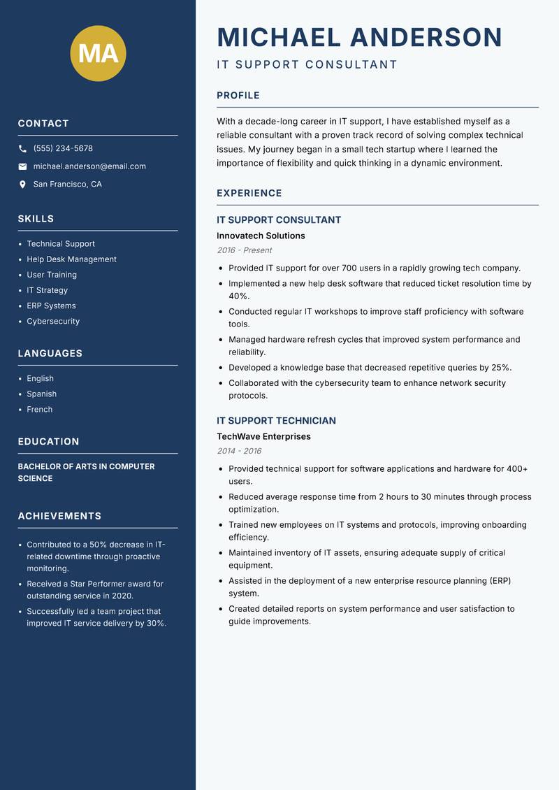 IT Support Consultant resume template — Classic Clean