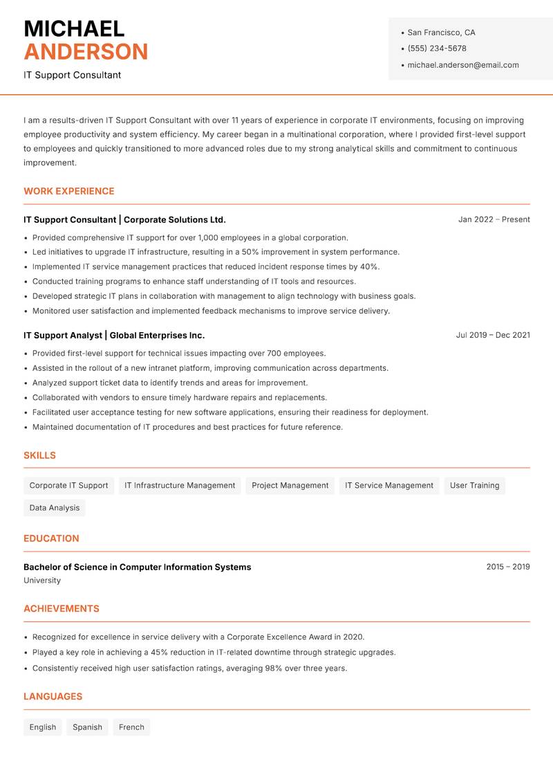 IT Support Consultant resume template — Modern Professional