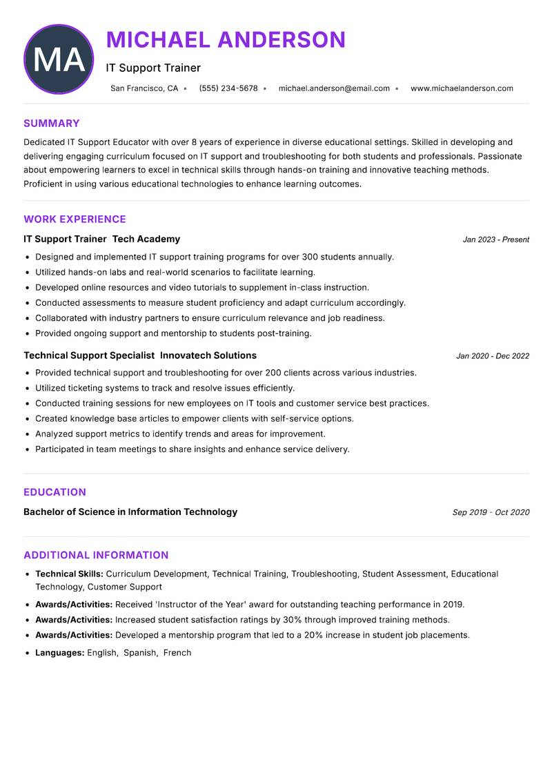 IT Support Educator resume example — ATS-friendly template