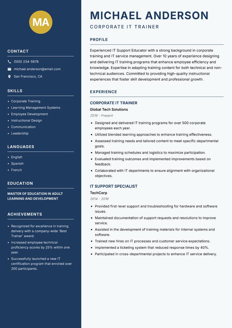 IT Support Educator resume template — Classic Clean