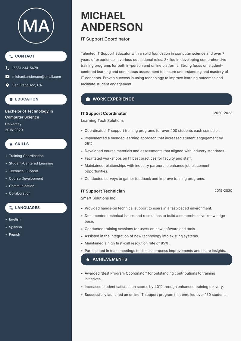IT Support Educator resume template — Compact