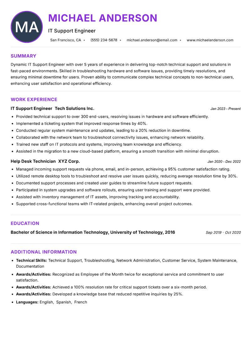 IT Support Engineer resume example — ATS-friendly template