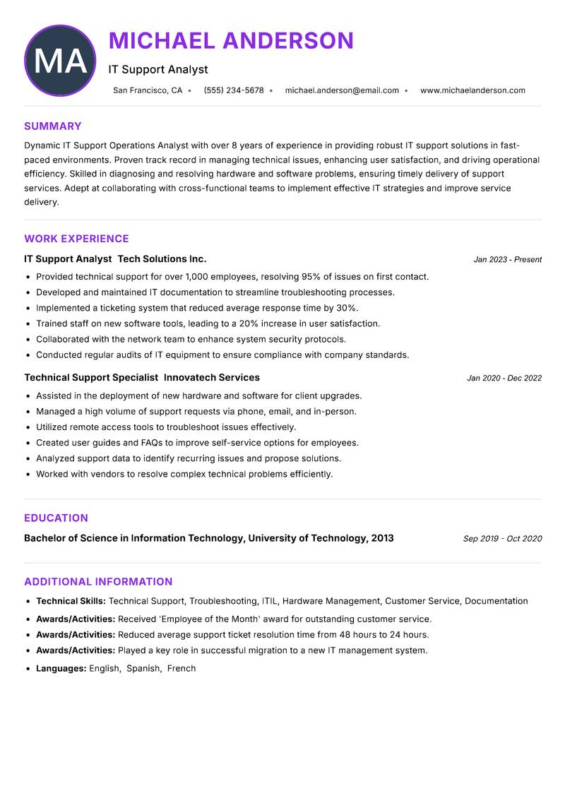 IT Support Operations Analyst resume example — ATS-friendly template