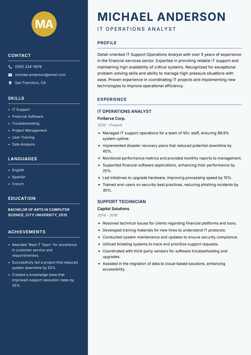 IT Support Operations Analyst resume template — Classic Clean