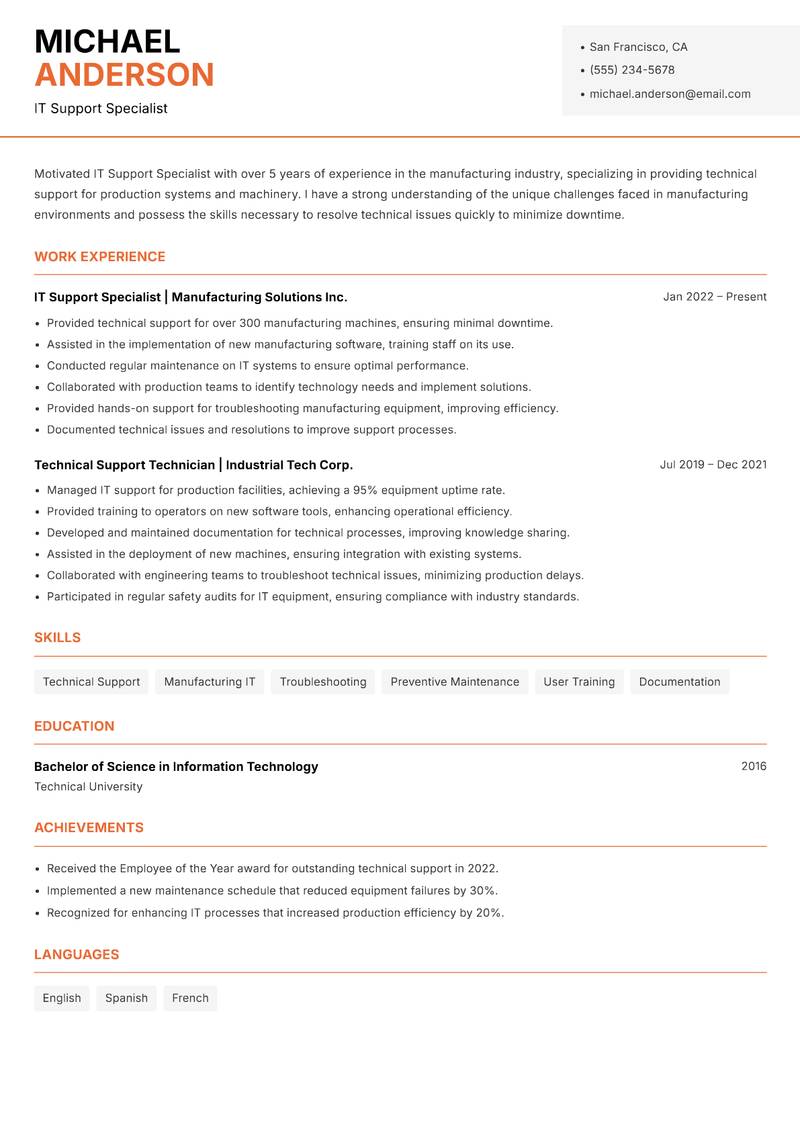 IT Support Specialist resume template — Modern Professional