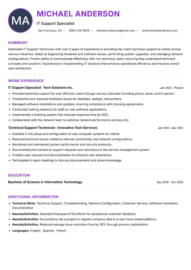 IT Support Technician resume example — ATS-friendly template