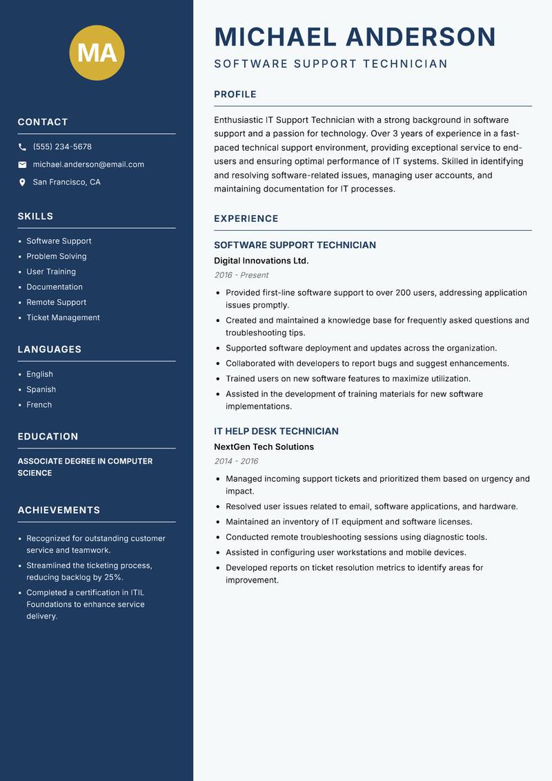 IT Support Technician resume template — Classic Clean