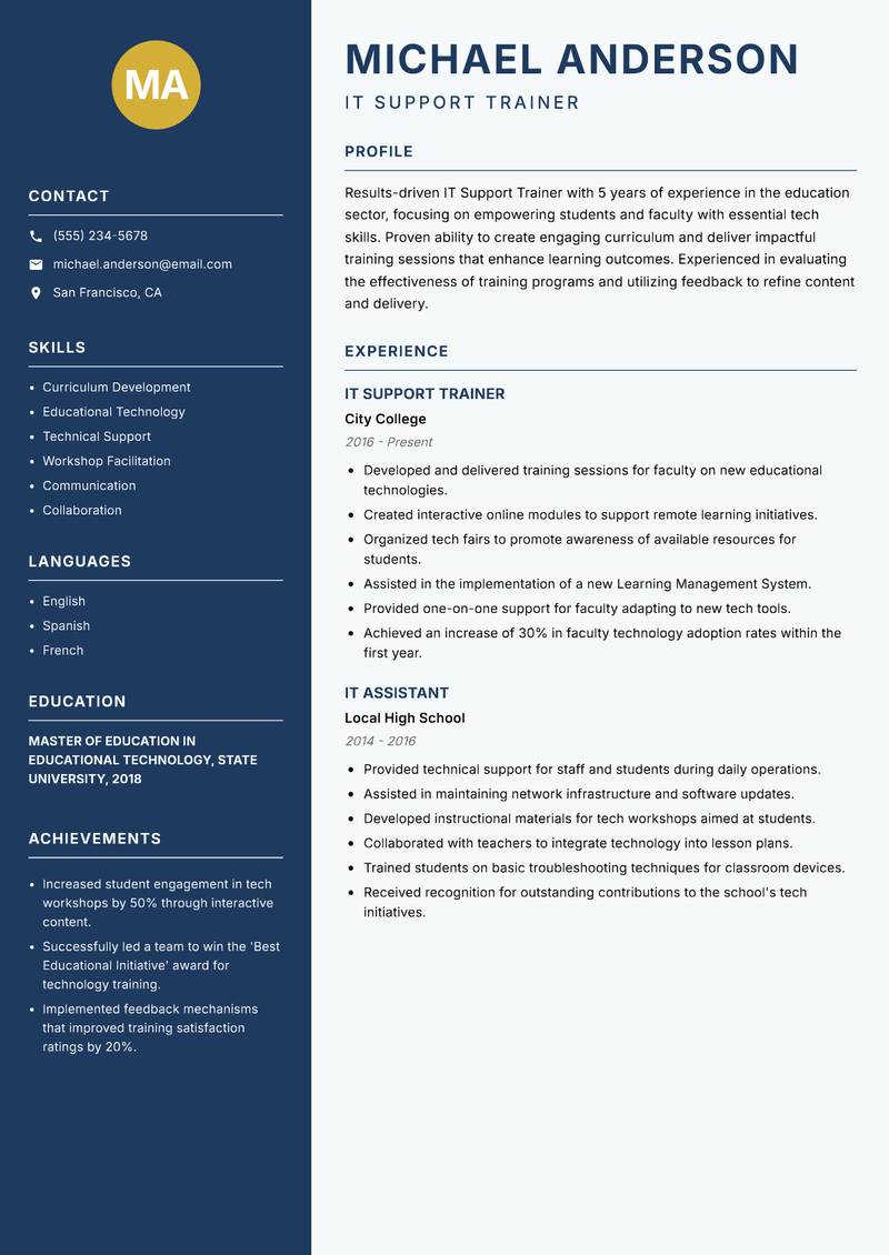 IT Support Trainer resume template — Classic Clean