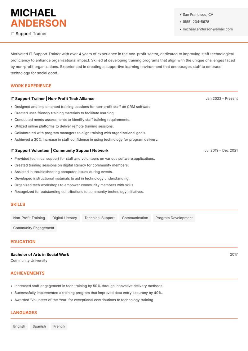 IT Support Trainer resume template — Modern Professional