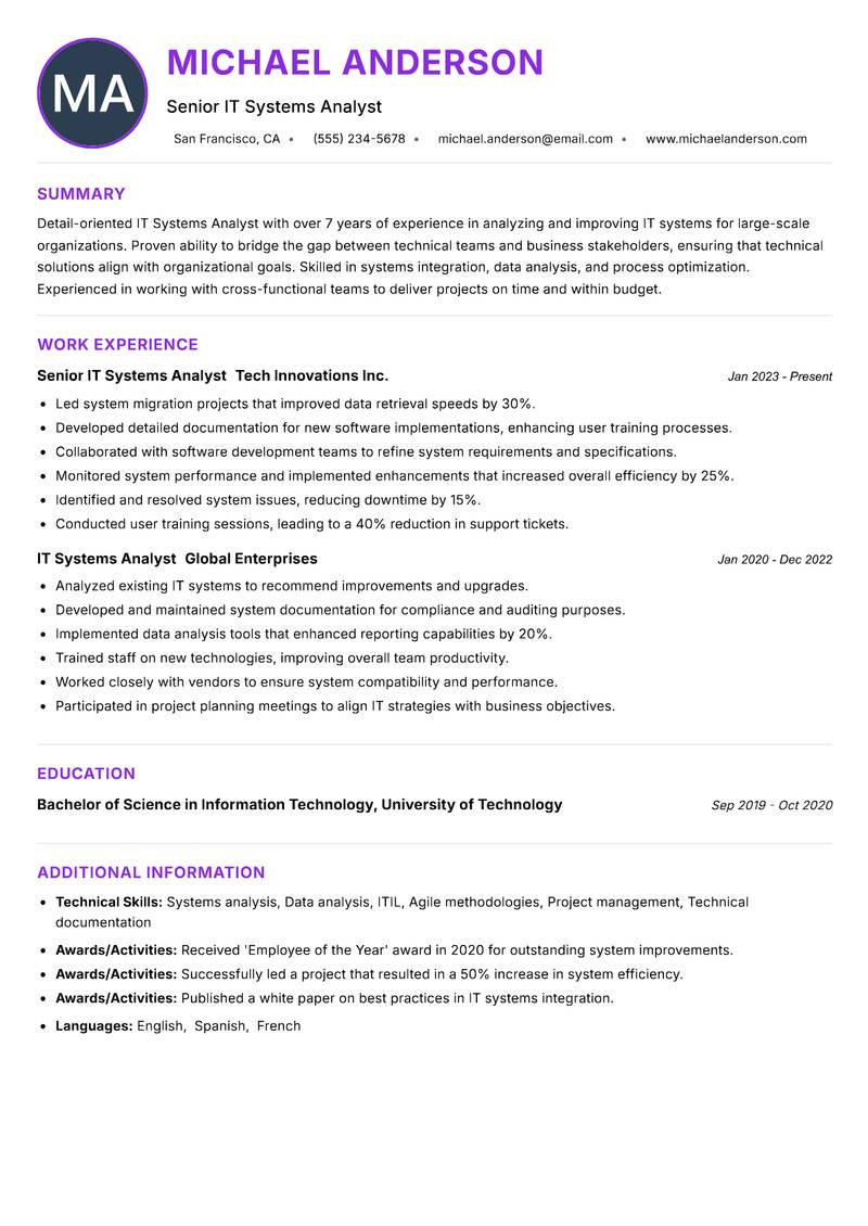 IT Systems Analyst resume example — ATS-friendly template