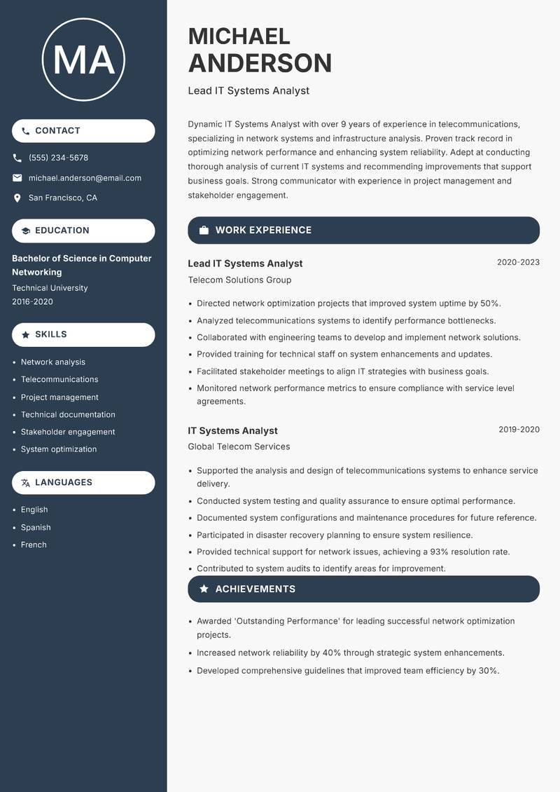IT Systems Analyst resume template — Compact