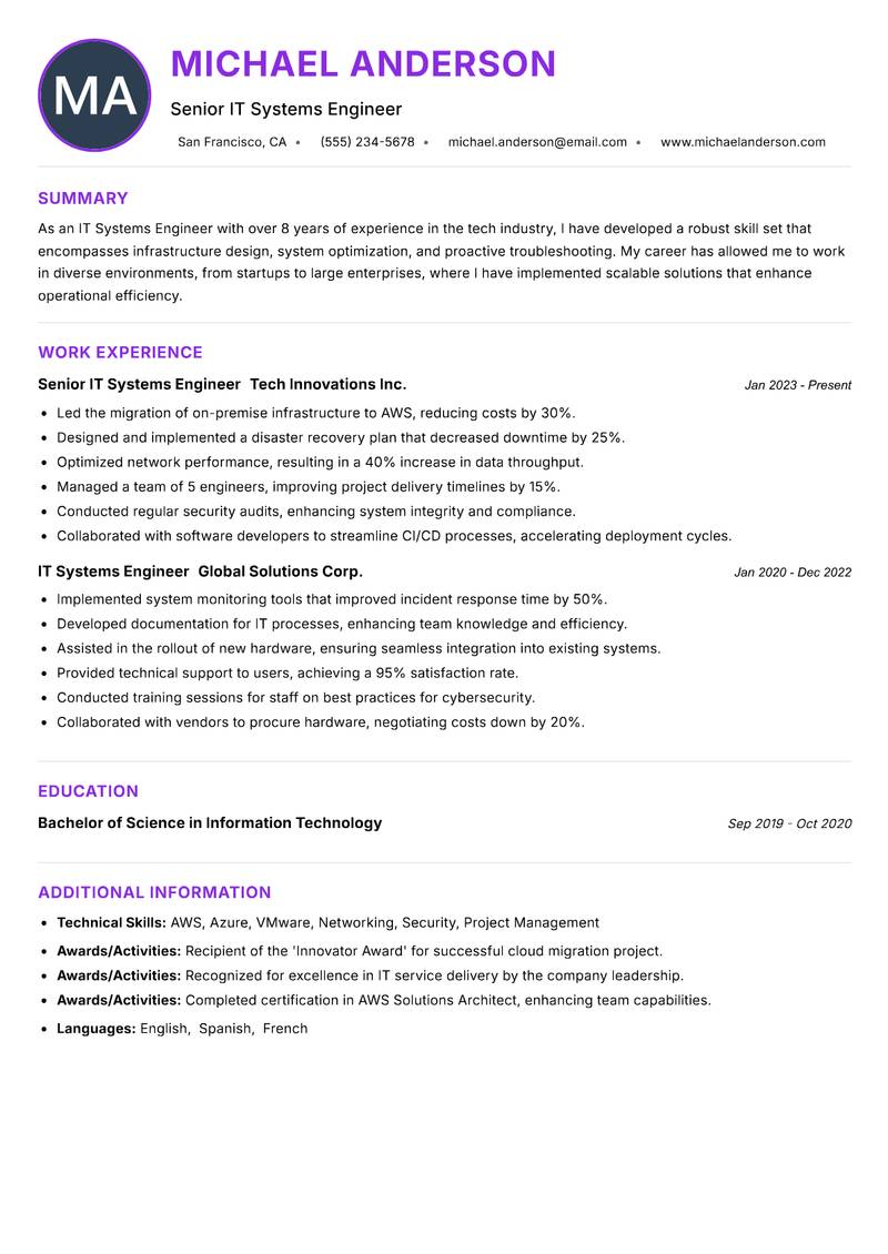 IT Systems Engineer resume example — ATS-friendly template