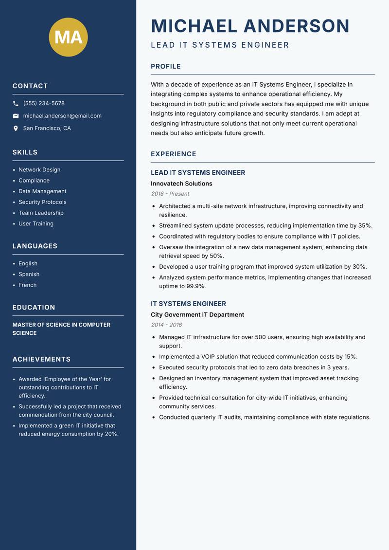 IT Systems Engineer resume template — Classic Clean