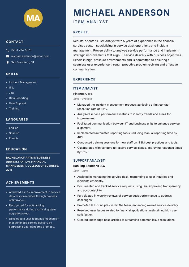 ITSM Analyst resume template — Classic Clean