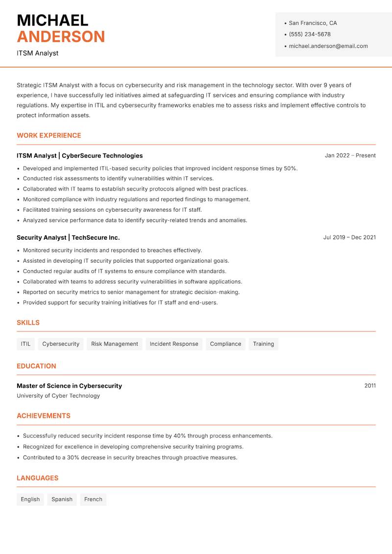 ITSM Analyst resume template — Modern Professional