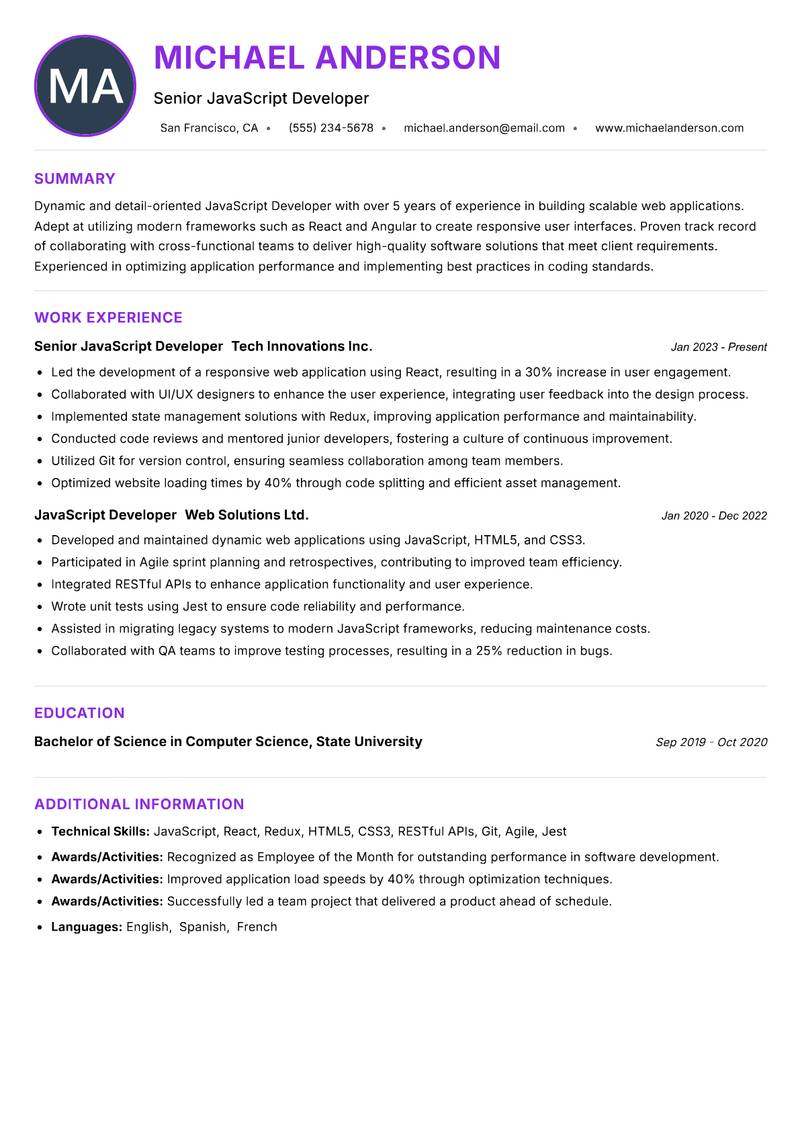 JavaScript Developer resume example — ATS-friendly template