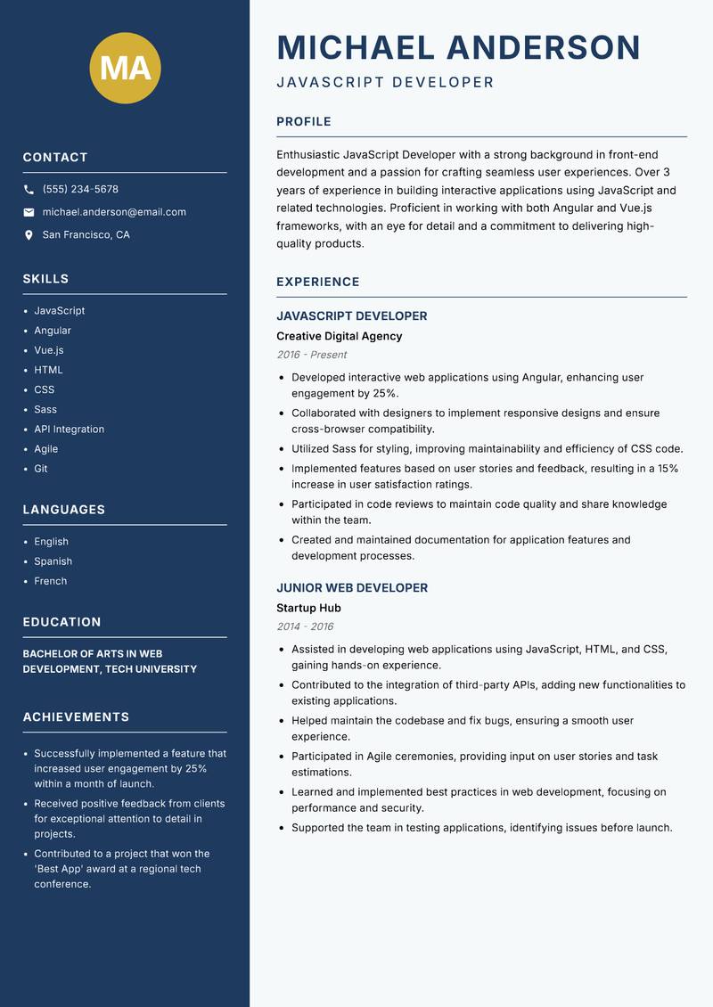 JavaScript Developer resume template — Classic Clean