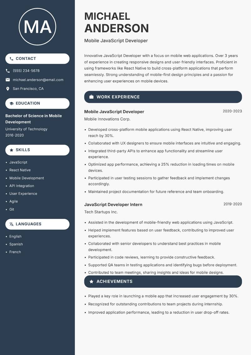 JavaScript Developer resume template — Compact