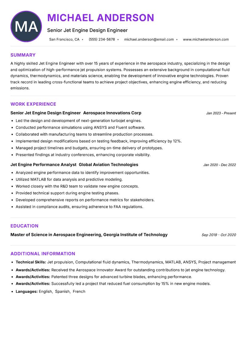 Jet Engine Engineer resume example — ATS-friendly template