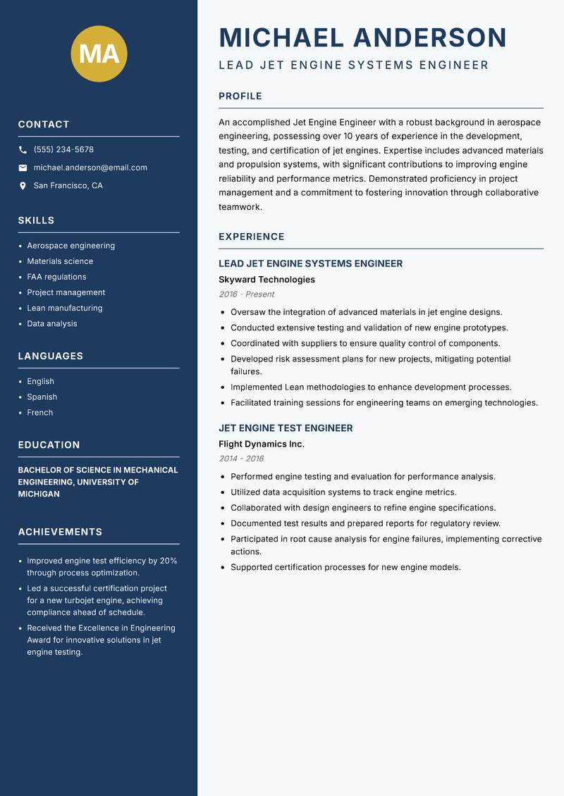 Jet Engine Engineer resume template — Classic Clean