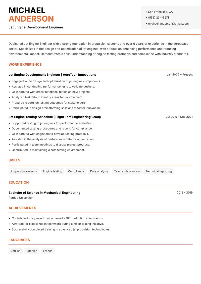 Jet Engine Engineer resume template — Modern Professional