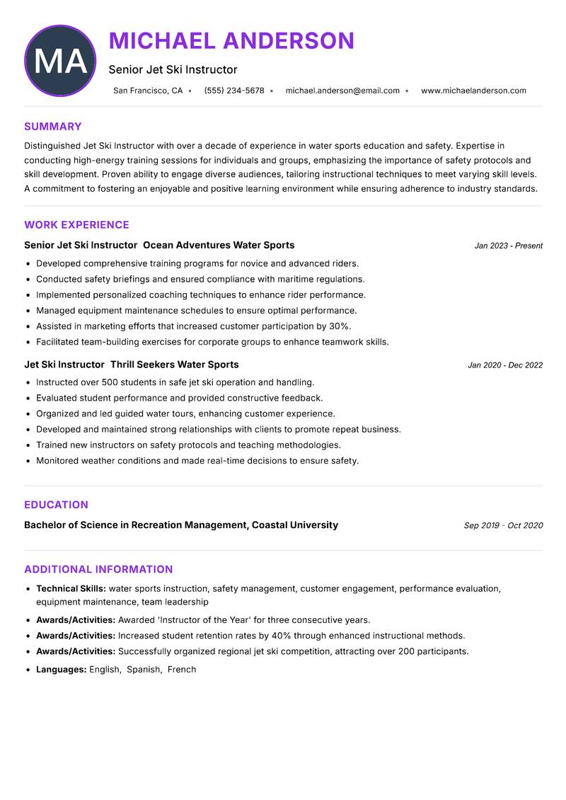 Jet Ski Instructor resume example — ATS-friendly template