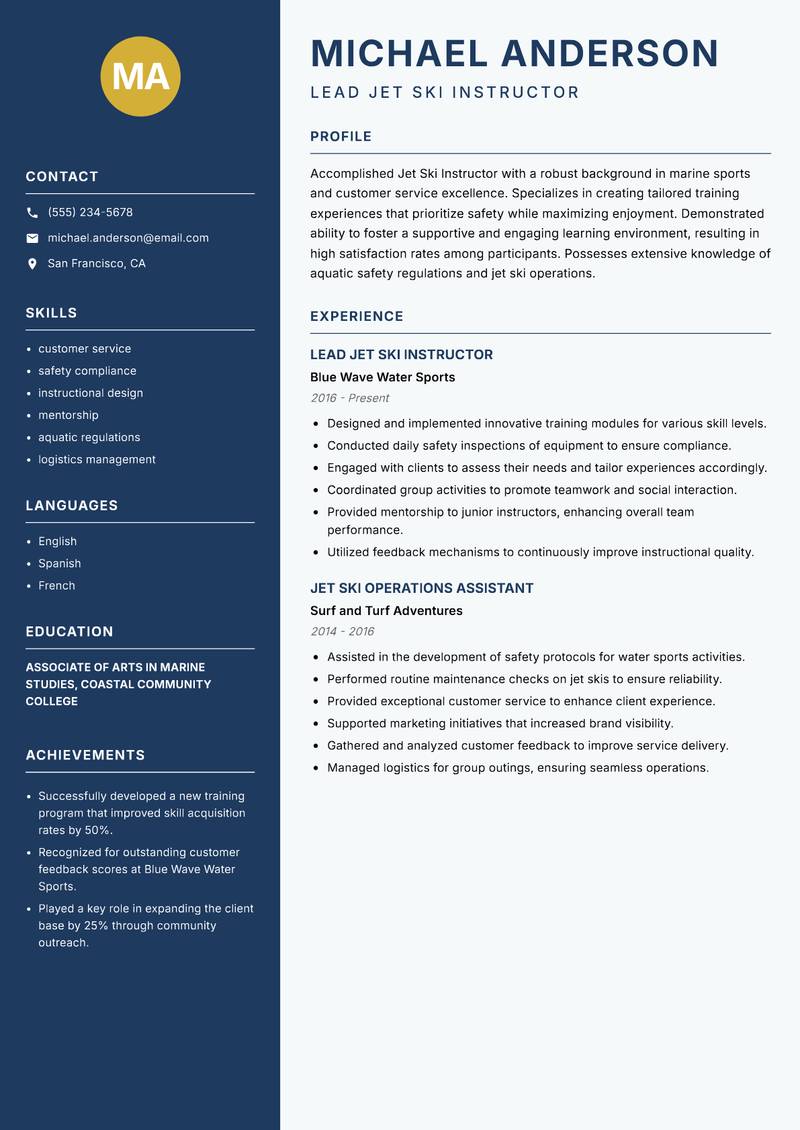 Jet Ski Instructor resume template — Classic Clean
