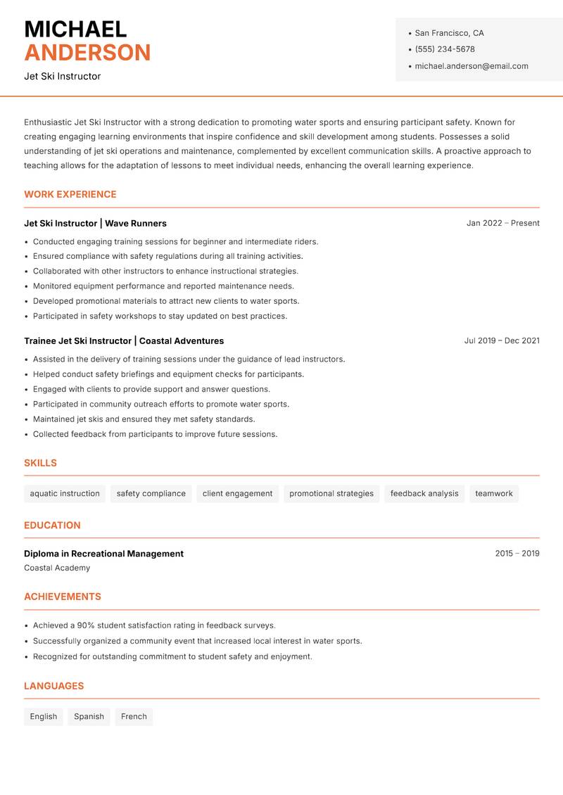 Jet Ski Instructor resume template — Modern Professional