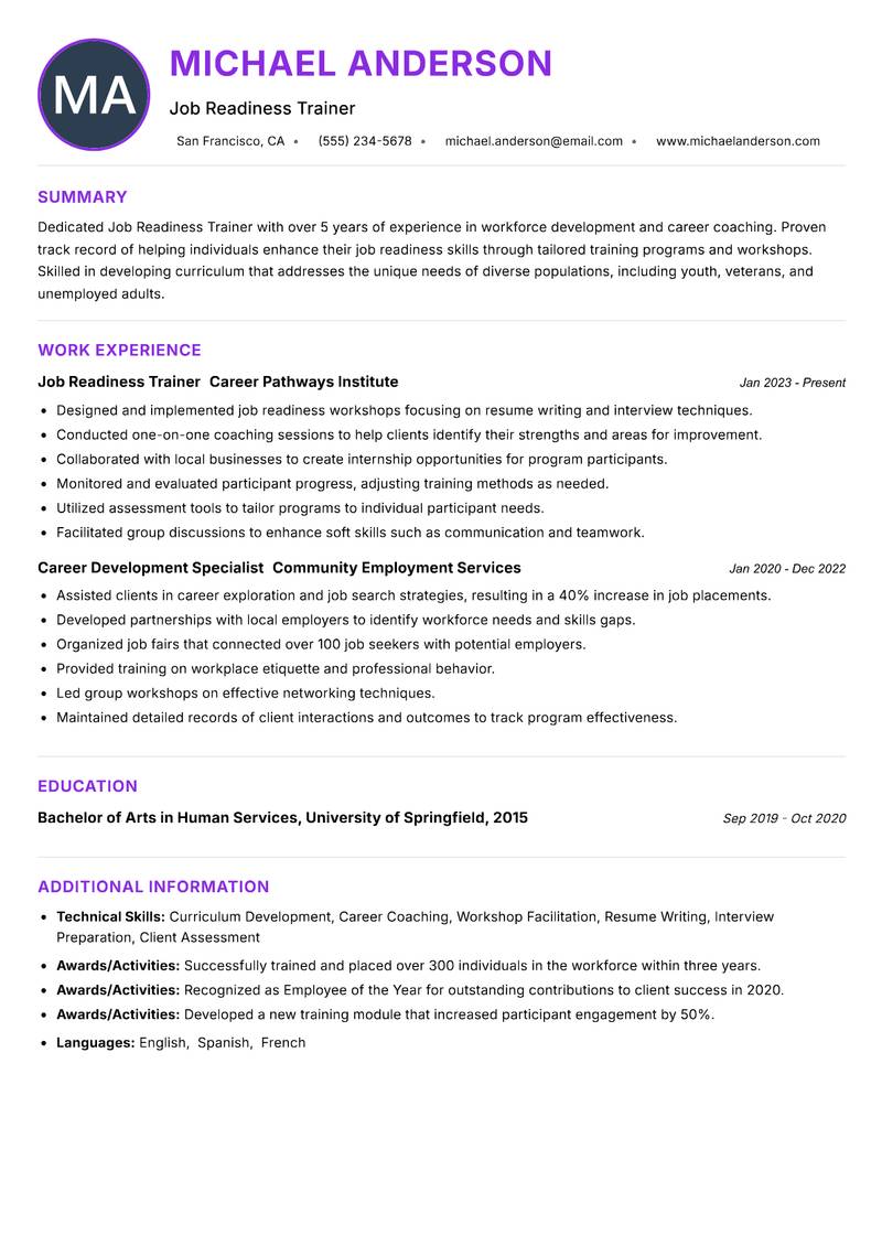 Job Readiness Trainer resume example — ATS-friendly template