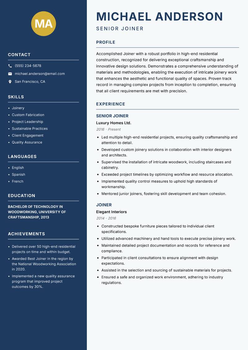 Joiner resume template — Classic Clean