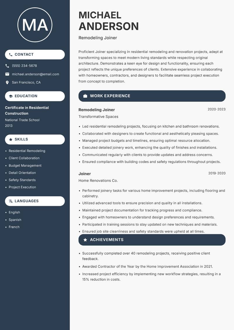 Joiner resume template — Compact