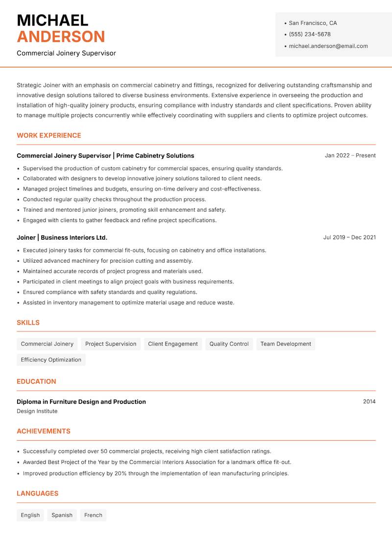 Joiner resume template — Modern Professional