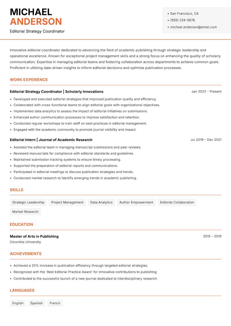 Journal Editorial Coordinator resume template — Modern Professional