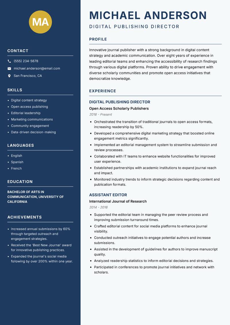Journal Publisher resume template — Classic Clean