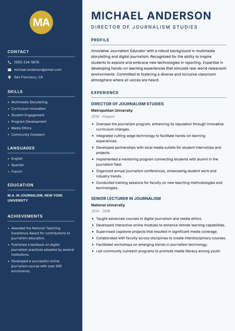 Journalism Educator resume template — Classic Clean
