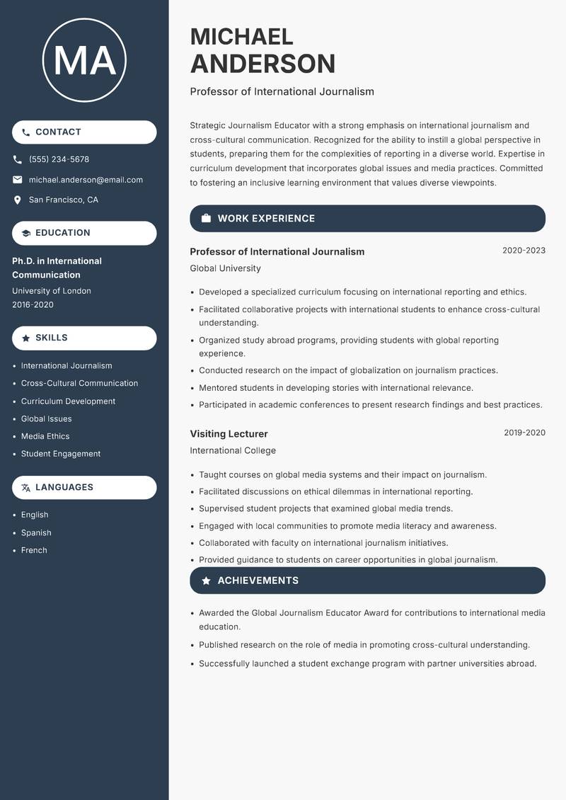 Journalism Educator resume template — Compact